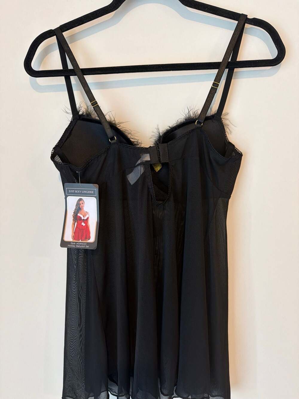 Just Sexy Lingerie Black Mesh Babydoll with Feather Trim (Style #SAN020)
